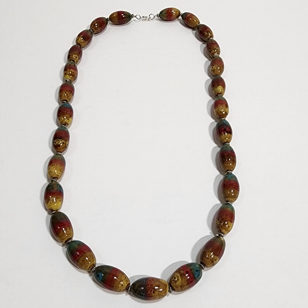 MULTICOLOR CERAMIC BEAD NECKLACE WITH SILVER ACCENTS HANDMADE